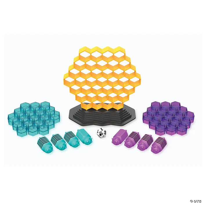 Yellow honeycomb tower on a black base, teal and purple trays, eight bug figurines, and a game die.