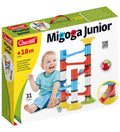 Toy box showing a toddler next to a colorful plastic ball track with red, blue, and yellow tubes and chunky balls.