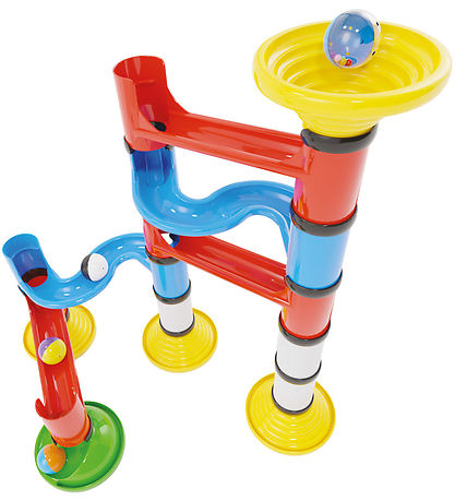 Colorful plastic ball run with chunky red, blue, and yellow pieces, a top funnel, and large rattling toy balls.
