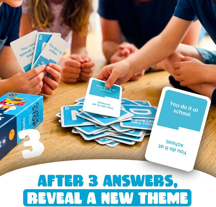 Children playing a card game with blue prompt cards. Text: After 3 answers, reveal a new theme.