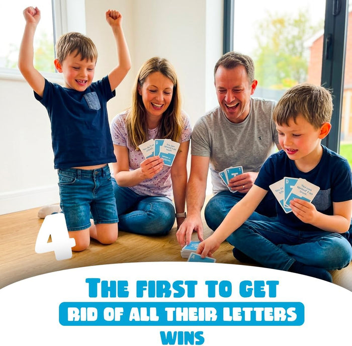 Family playing card game, boy celebrating win. Text: The first to get rid of all their letters wins.