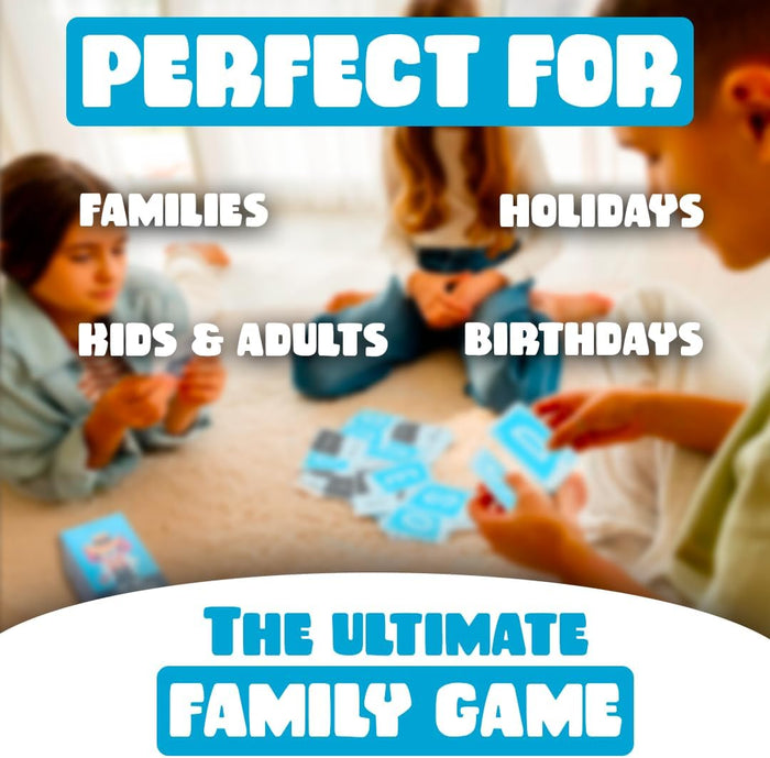 Kids play with blue cards on a rug. Text: Perfect for families and birthdays. The ultimate family game.