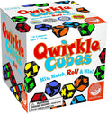 Qwirkle Cubes game box featuring black dice with colorful geometric icons like stars and clovers on a white background.