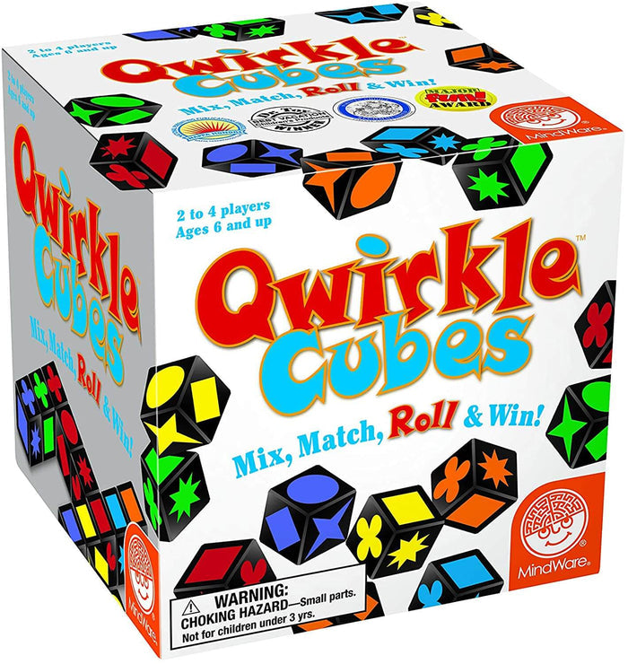 Qwirkle Cubes game box featuring black dice with colorful geometric icons like stars and clovers on a white background.