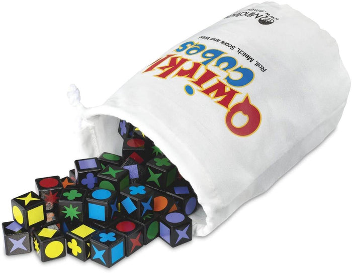 Black cubes with colorful geometric shapes spill out of a white drawstring bag with the Qwirkle Cubes logo.