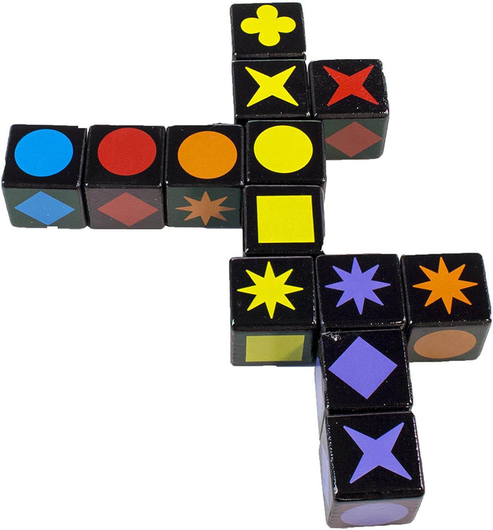 Black cubes with colorful geometric symbols like circles and stars arranged in an intersecting pattern on white.