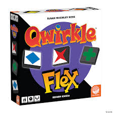 Square game box with white and black panels, purple circle, orange and yellow logo, and diamond, star, and cross tiles.