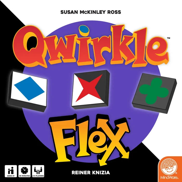 Qwirkle Flex game box featuring colorful shape tiles on a purple circle against a black and white diagonal background.