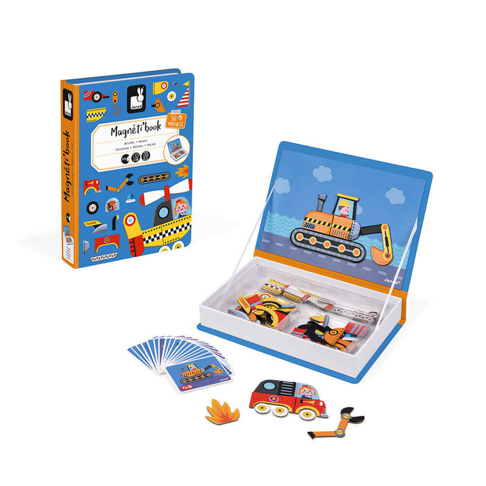 Blue book-shaped magnetic vehicle toy with colorful magnets, an open play scene lid, and reference cards.