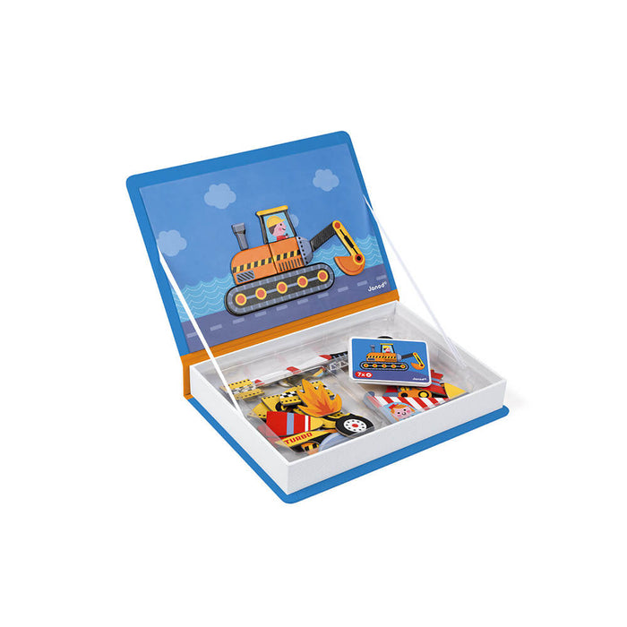 Open blue book-shaped magnetic toy box featuring construction vehicle magnets and example cards.