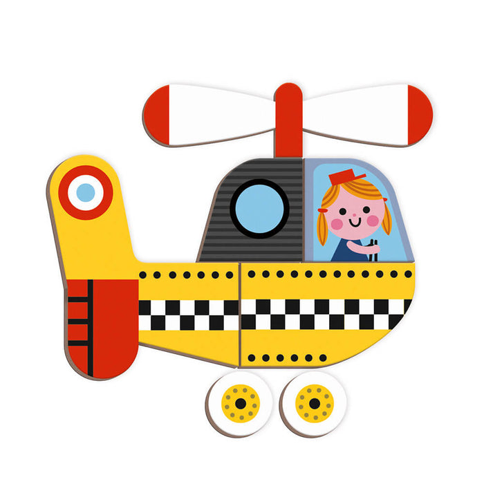 Magnetic puzzle pieces forming a yellow toy helicopter with a girl pilot, white wheels, and propellers.