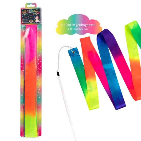 Rainbow satin rhythmic gymnastics ribbon on a white wand, shown next to its pink star-themed retail packaging.