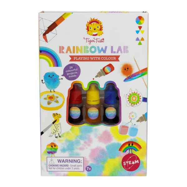 Tiger Tribe Rainbow Lab box with red, yellow, and blue dye bottles visible through a window and colorful illustrations.