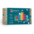 Teal Connetix box showing colorful towers of rainbow magnetic rectangles, a city skyline, and 18 pieces inside.