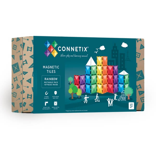 Teal Connetix box showing colorful towers of rainbow magnetic rectangles, a city skyline, and 18 pieces inside.