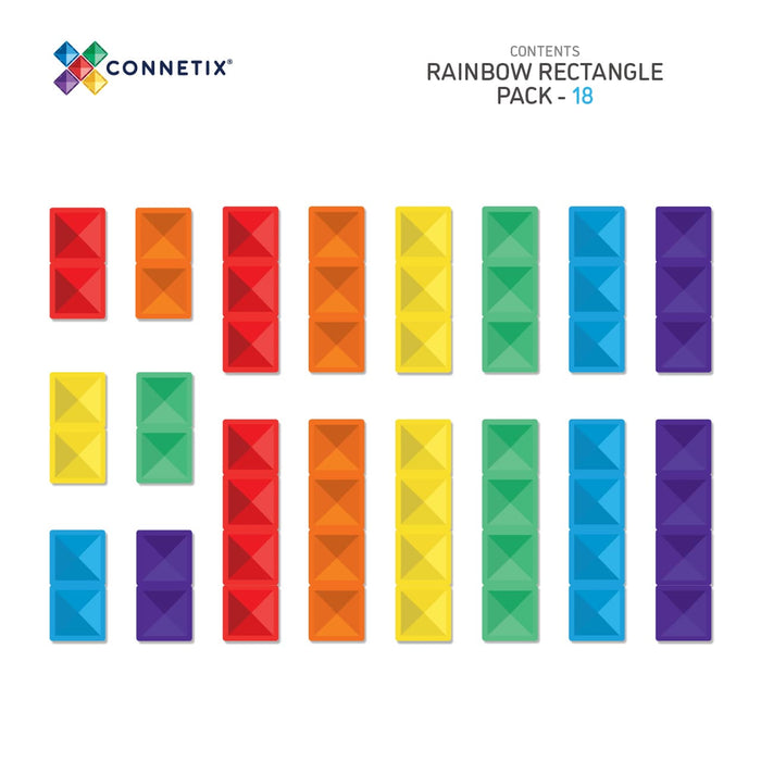 18 magnetic building tiles in rainbow colors, featuring small, medium, and large rectangles on a white background.