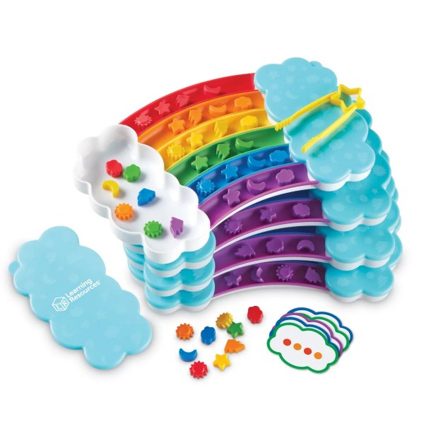Four rainbow sorting sets with color-coded tracks, shaped counters, yellow tweezers, blue cloud lids, and activity cards.