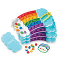 Four rainbow sorting sets with color-coded tracks, shaped counters, yellow tweezers, blue cloud lids, and activity cards.