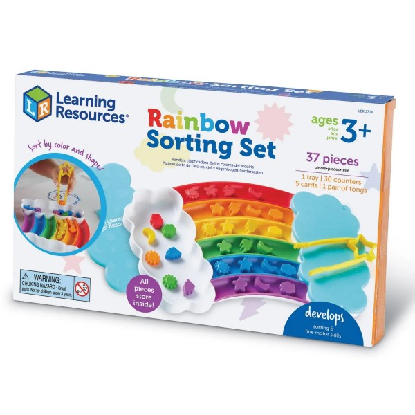 Packaging for Rainbow Sorting Set showing a cloud-shaped tray with colorful counters and yellow plastic tongs.