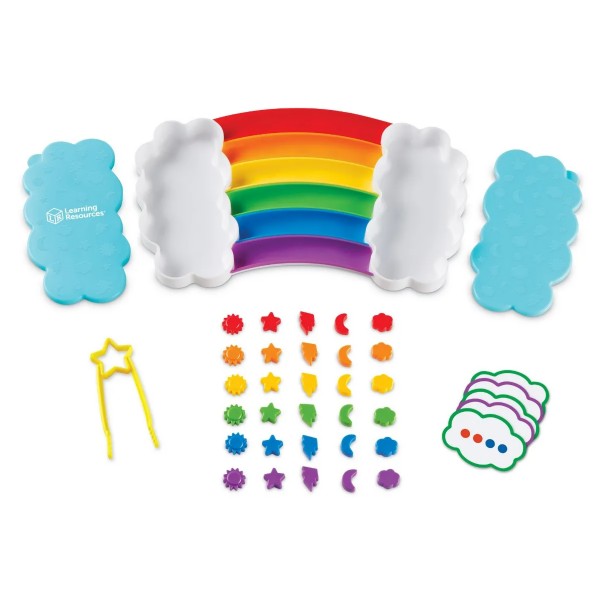 Rainbow-arched sorting tray with weather shapes, cloud containers, yellow star tweezers, and activity cards.