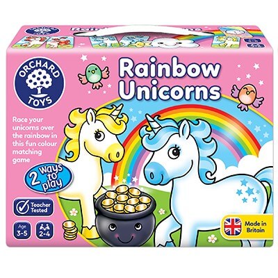 Pink Orchard Toys game box for Rainbow Unicorns featuring two unicorns, a rainbow, and a pot of gold coins.