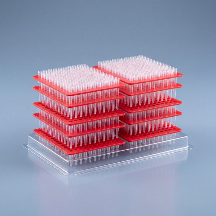 20 uL Rainin LTS compatible reload pipette tips, bare reload stacks with red decks in a clear tray, no outer box, clear tips with no aerosol barrier