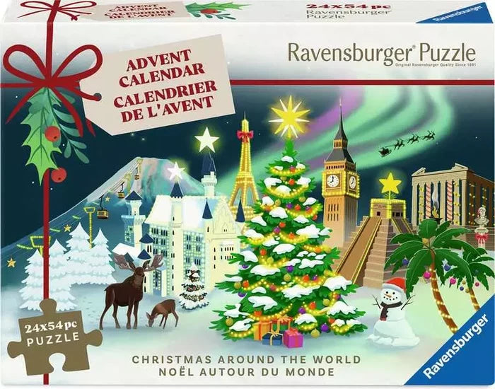 Ravensburger advent calendar box featuring a snowy night scene of world landmarks, a large decorated tree, and animals.