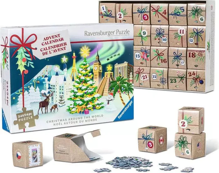 Blue festive puzzle advent calendar box beside 24 small numbered brown cubes featuring world landmarks and flags.