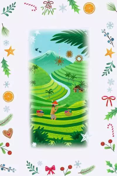 Illustration of green rice terraces with a person in a Santa hat, framed by a festive border of holiday icons.