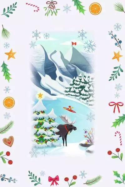 Illustration of a moose, snowy mountains, and a Christmas tree, framed by colorful holiday icons on a white background.