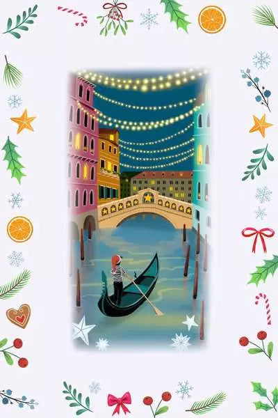 Festive Venice canal scene with a gondola under fairy lights, surrounded by a colorful holiday icon border.