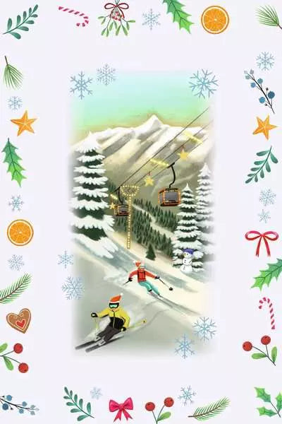 Snowy mountain scene with skiers and cable cars, framed by a border of holly, oranges, candy canes, and snowflakes.
