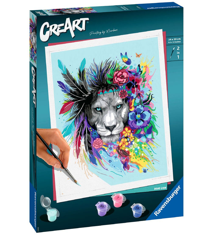 Ravensburger paint by numbers kit featuring a colorful lion with feathers and flowers, paint pots, and a brush.