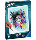 Ravensburger paint by numbers kit featuring a colorful lion with feathers and flowers, paint pots, and a brush.