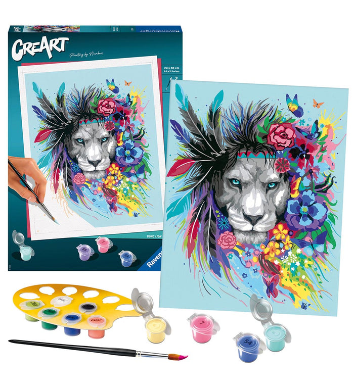 Paint-by-numbers kit featuring a colorful lion with feathers and flowers, paint pots, a yellow palette, and brushes.