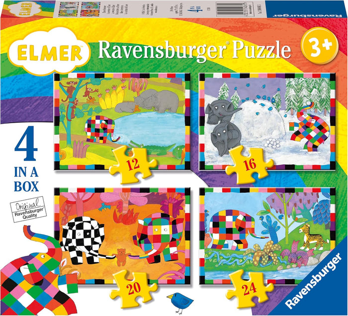 Ravensburger Elmer puzzle box with 4 colorful patchwork elephant scenes and 12, 16, 20, and 24 pieces.