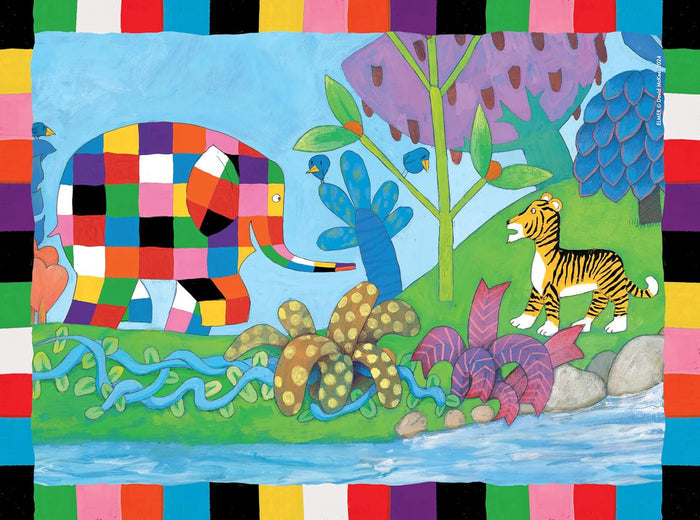 Patchwork elephant Elmer and a tiger in a bright jungle scene with a colorful checkered border.