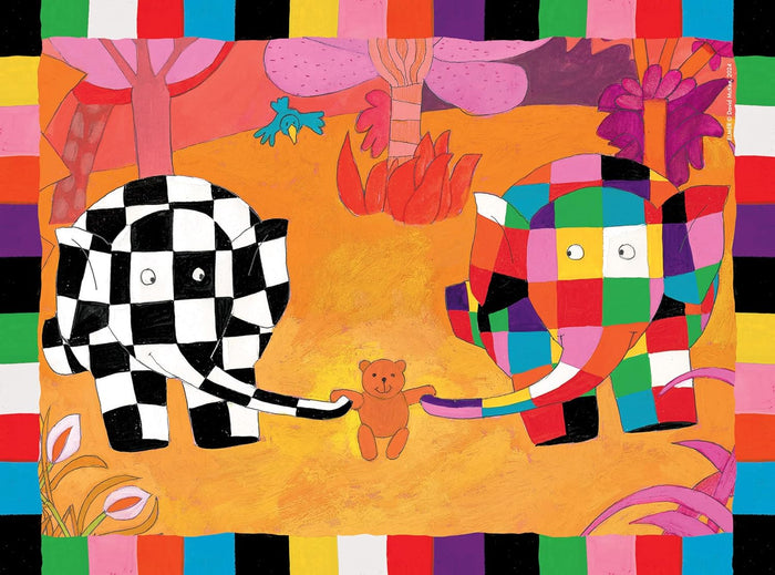 Patchwork Elmer and a checkered elephant hold a brown teddy bear in a vibrant jungle scene with a colorful border.
