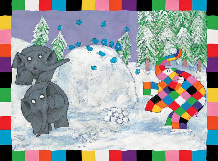 Patchwork elephant Elmer and gray elephants play in a snowy winter scene with blue birds and a vibrant checkered border.