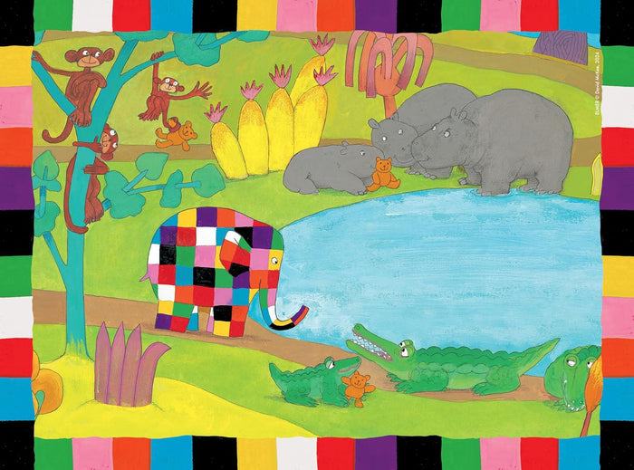 A colorful illustration of Elmer the patchwork elephant with jungle animals, framed by a bright checkered border.