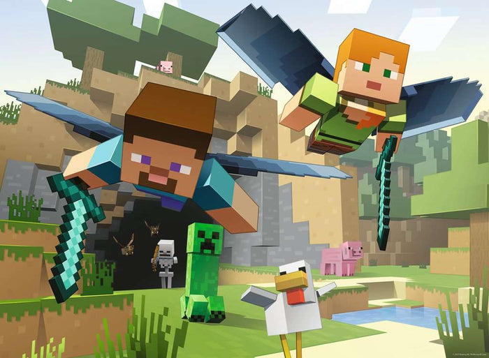 Steve and Alex fly over a blocky landscape with diamond swords, a Creeper, and a chicken in a bright Minecraft scene.