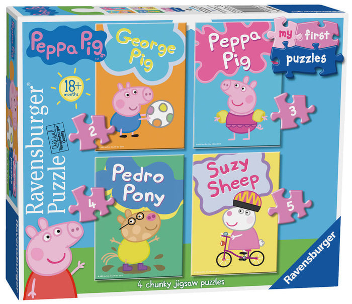 Colorful Ravensburger box showing 4 Peppa Pig chunky puzzles of George, Peppa, Pedro, and Suzy with 2 to 5 pieces.