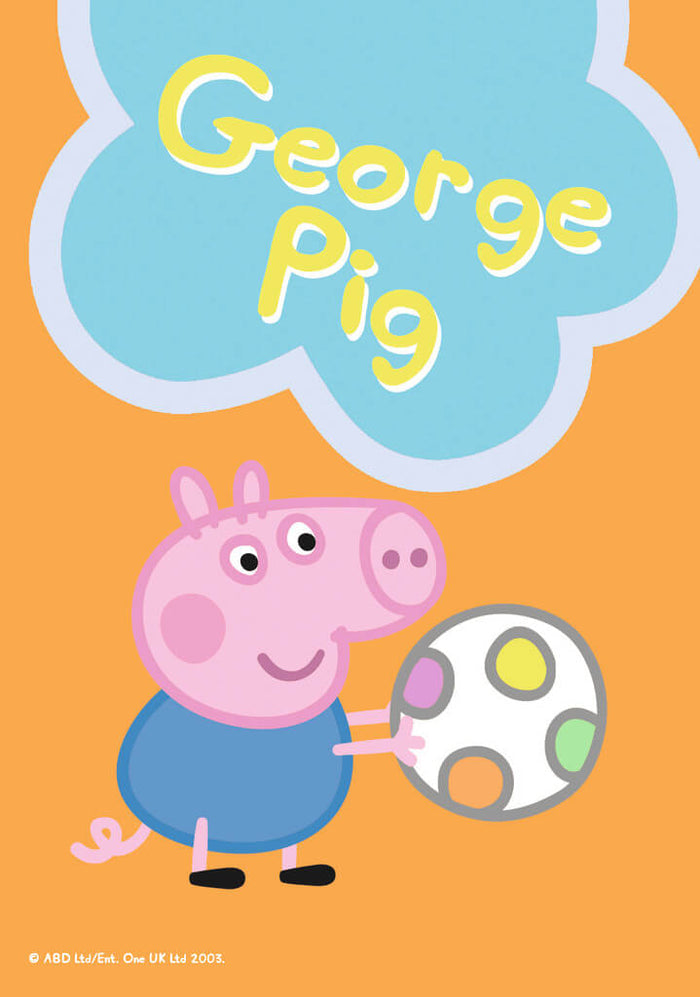 George Pig cartoon character holding a soccer ball with colorful spots on a bright orange background.