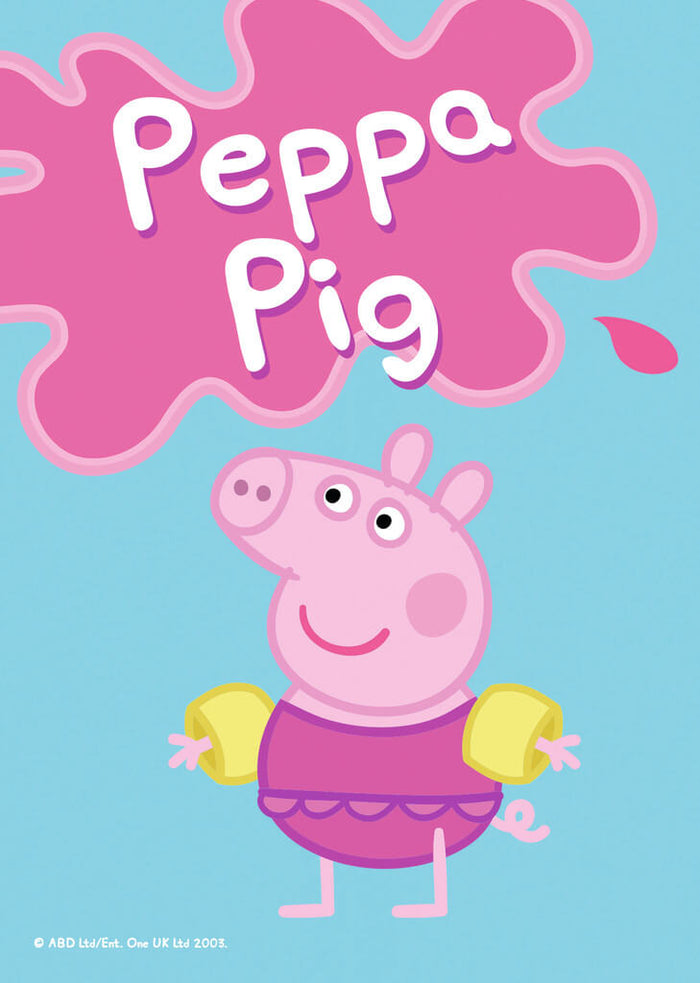 Peppa Pig wearing yellow armbands and a pink swimsuit, smiling below a pink splash logo on a blue background.