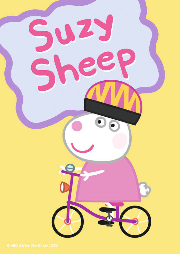 Suzy Sheep wearing a helmet and riding a purple bicycle. Pink text "Suzy Sheep" in a bubble on a yellow background.