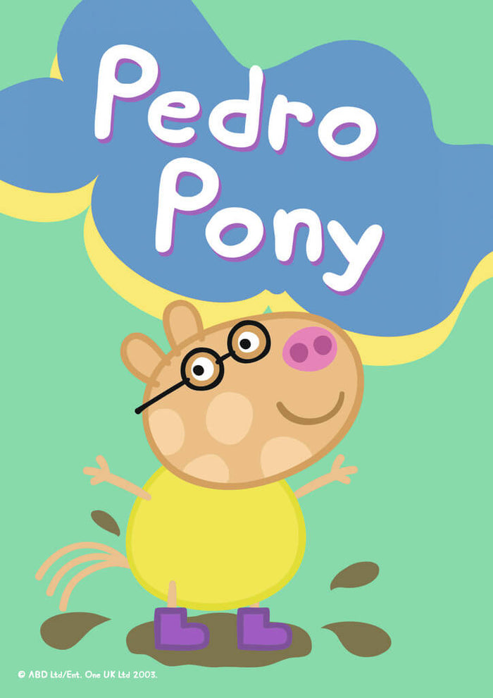 Pedro Pony wearing glasses and a yellow shirt jumps in a mud puddle on a light green background.