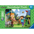Ravensburger Minecraft 100 piece XXL puzzle box featuring Steve, Alex, and a Creeper in a pixelated landscape.