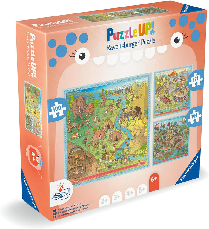 Peach box with three historical cartoon scenes framed by a monster face, showing 100, 121, and 144 piece icons.