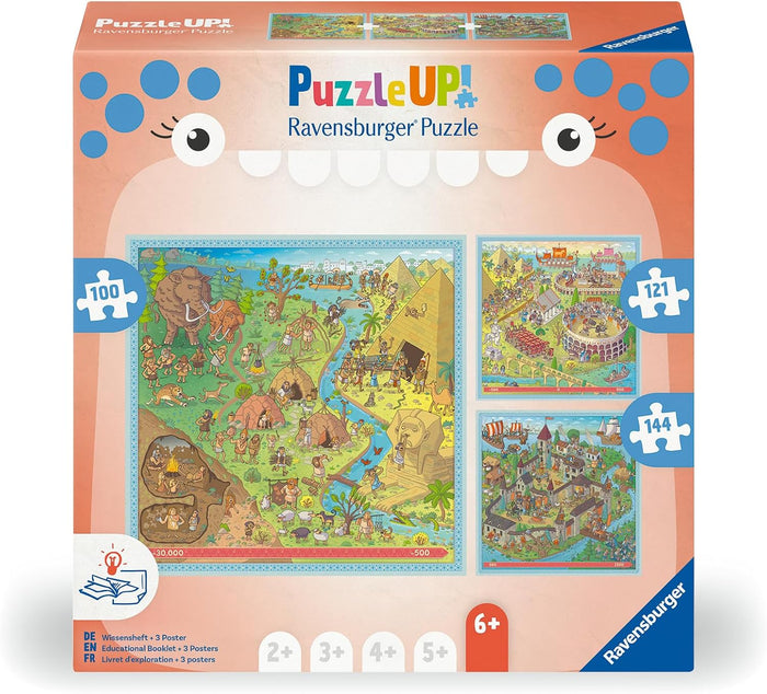 Peach Ravensburger box with a monster face showing three historical puzzles with 100, 121, and 144 pieces.