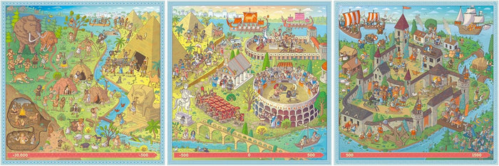 Three cartoon history scenes with timelines, featuring mammoths, pyramids, Roman gladiators, and medieval castles.